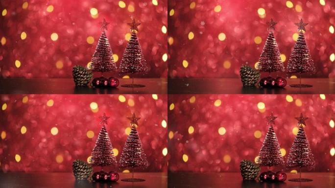 红色圣诞快乐圣诞树和松果和小摆设红色闪光闪闪发光的节日背景。节日贺卡