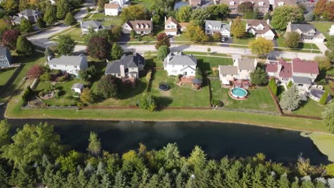飞越美国一个带排水池的美国郊区社区房屋。4K