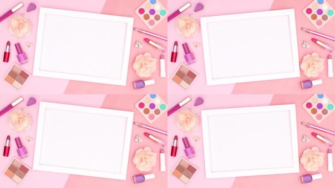 白色框架，用于文本移动，周围有化妆产品。停止运动