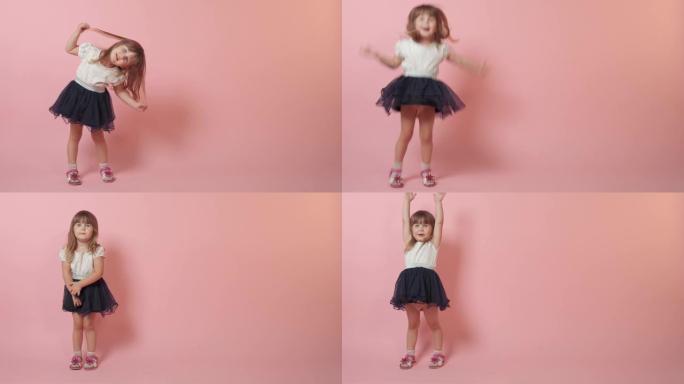 一个可爱的小女孩跳跃着，笑着放纵着。粉色背景。