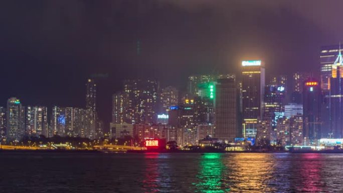 香港天际线在中国香港维多利亚港上空的摩天大楼的时间流逝