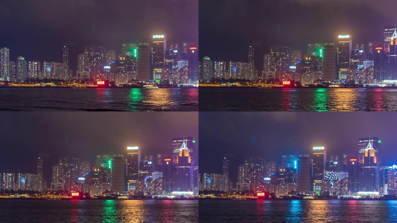 香港天际线在中国香港维多利亚港上空的摩天大楼的时间流逝