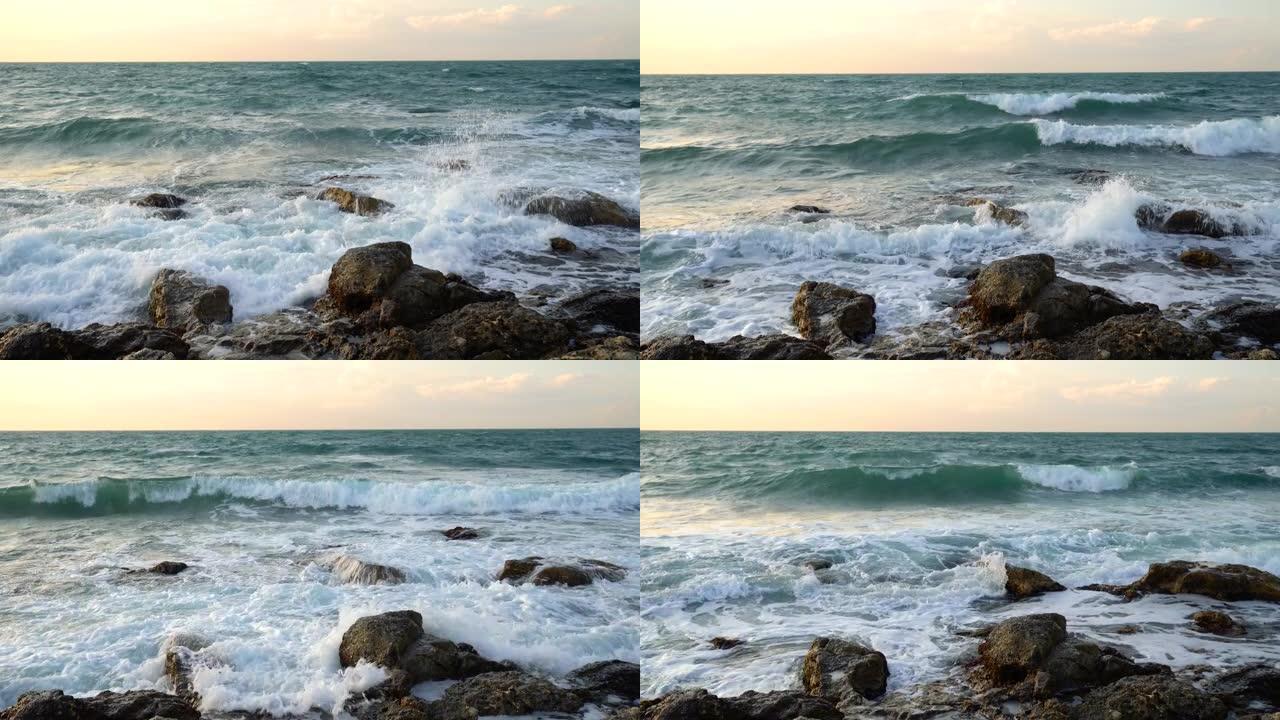 岩石海岸上的海浪。4k分辨率。