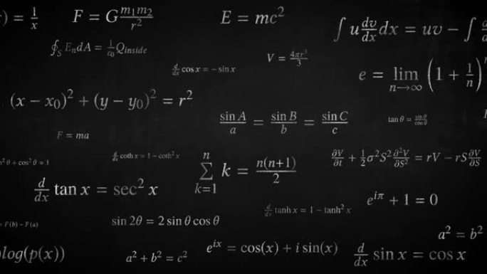 数学公式科学方程符号写在黑板上移动-4k无缝循环运动背景动画