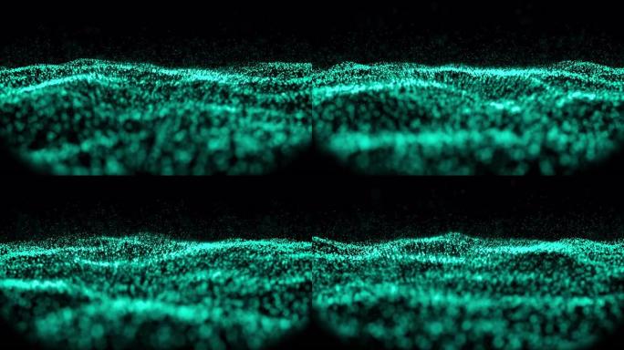 在黑色背景下移动的绿色粒子波