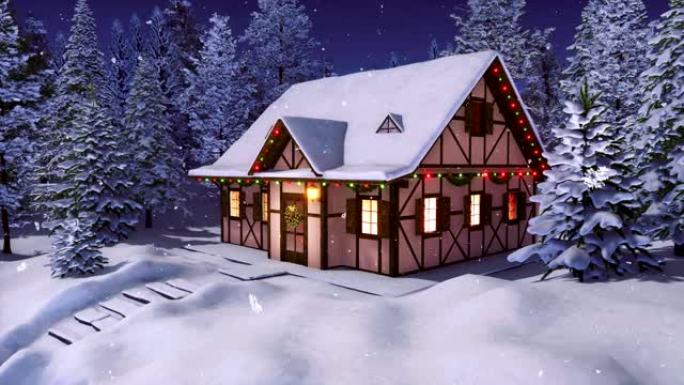 冬季降雪之夜，由圣诞灯装饰的乡村房屋