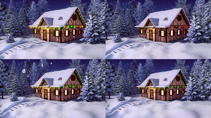 冬季降雪之夜，由圣诞灯装饰的乡村房屋