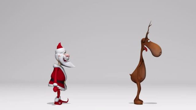 有趣开朗的疯狂圣诞老人和鹿动画。圣诞节和新年的概念。无缝循环。阿尔法频道。比绿屏好。