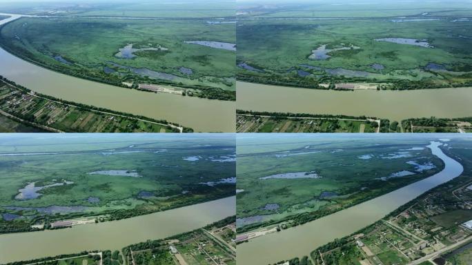 Ermakov岛的全景，相机旋转180度右侧。鸟瞰图，4k-60fps。多瑙河三角洲的多瑙河生物圈保