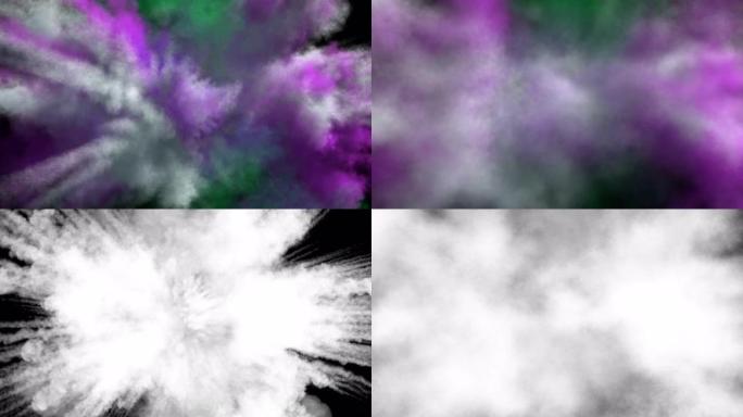 彩色的烟熏爆炸，带有痕迹，朝着摄像机爆炸。