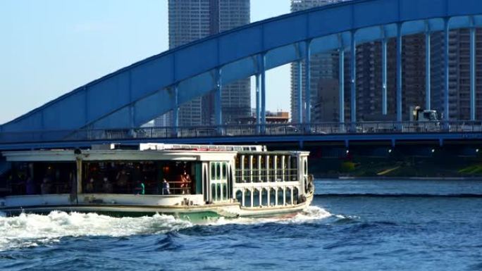 在Eitai桥下的隅田川上航行的水上巴士。