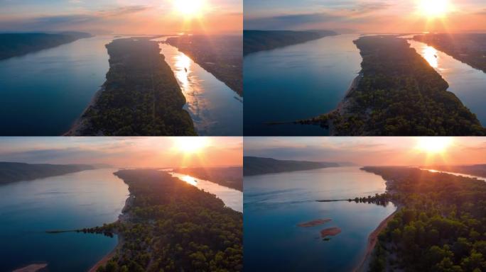 伏尔加河的延时。伏尔加河在日落时的空中过度移动。日古里山脉和萨马拉市的面积。俄罗斯