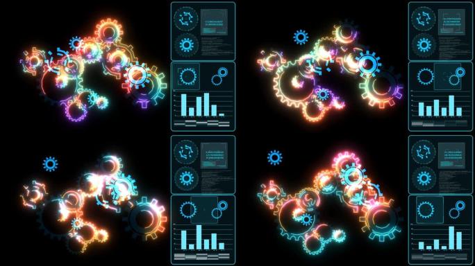 未来数字热力学齿轮技术图形无限强大的能量和模型齿轮运动和分析右侧框架上的图形监视器