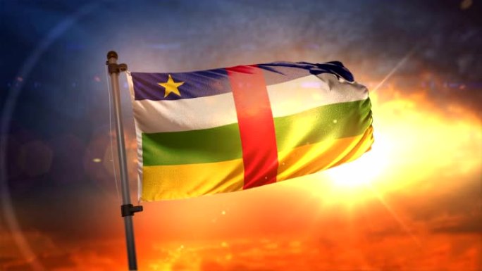 中非共和国国旗背光在美丽的日出循环慢镜头4K