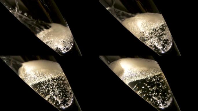 香槟/起泡酒倒入香槟笛的特写镜头。