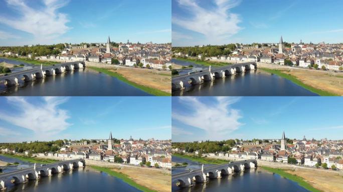 卢瓦尔河上的中世纪桥梁和法国卢瓦尔河，勃艮第，涅夫勒河上的慈善城市，夏季和晴天的无人机。