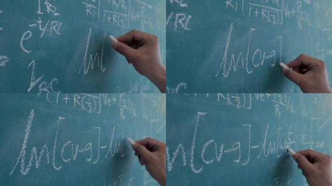工程师正在计算方程式的结果，以设计电子电路，在黑板上书写和复杂的数学公式。