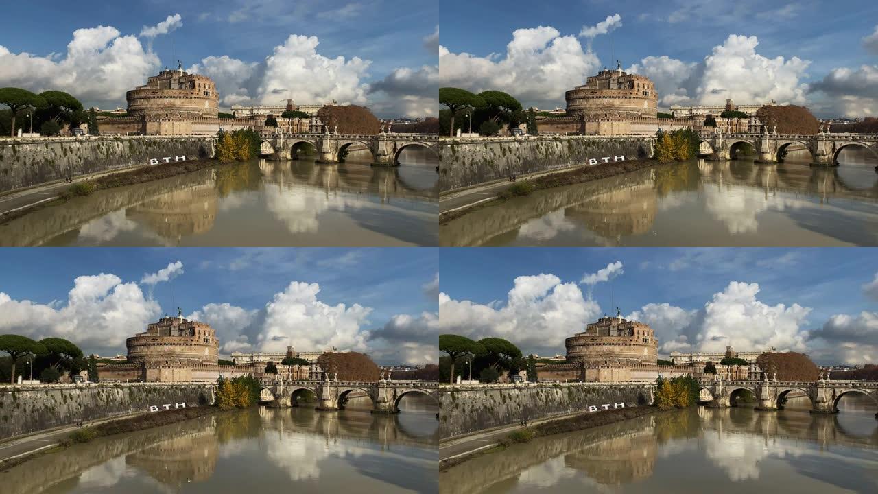 哈德良陵墓，被称为圣天使城堡 (Castel Sant'Angelo)，在晴朗的日子里，这座桥在罗马