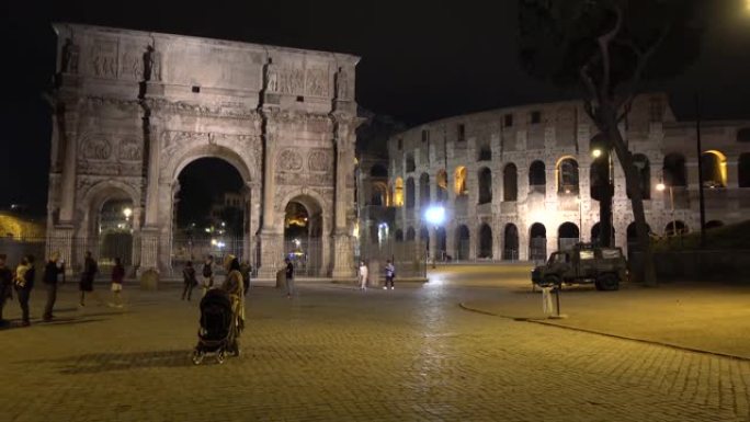 罗马，罗马斗兽场，君士坦丁拱门，阿尔科广场，晚上。