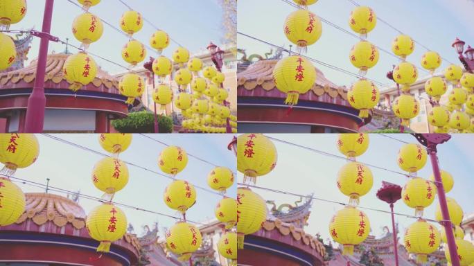 台南一寺庙挂上黄色灯笼。