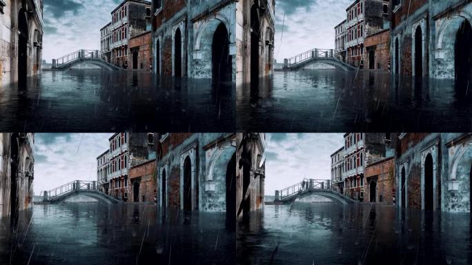 洪水泛滥期间空的威尼斯街和旧石桥