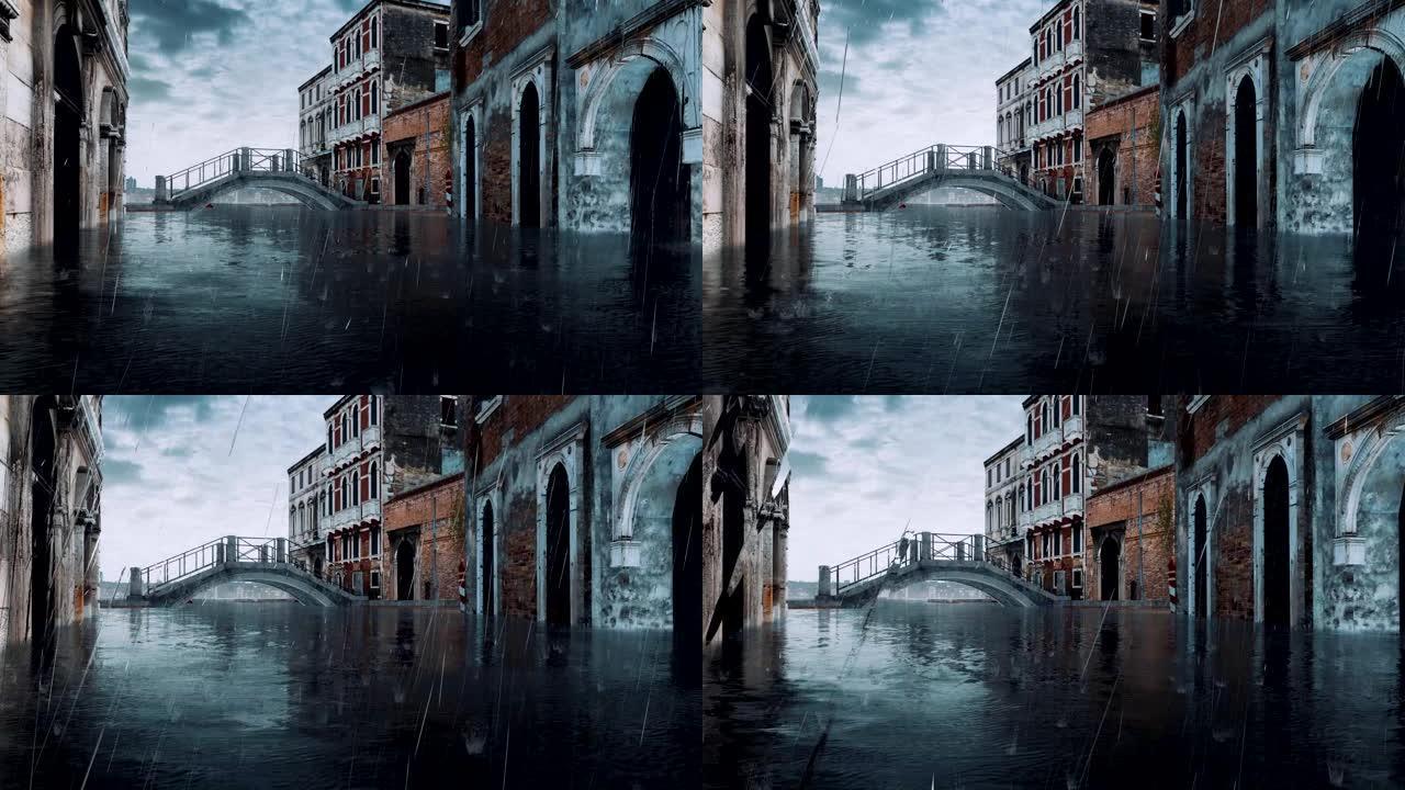 洪水泛滥期间空的威尼斯街和旧石桥