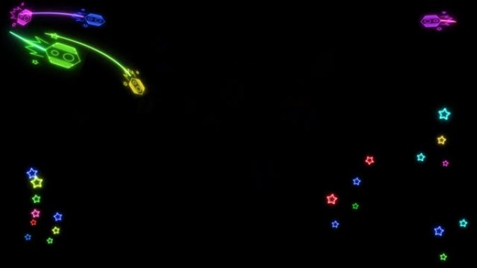火箭彩虹百人发射器在角落和彩色辉光星星在黑屏上飞行标志元素