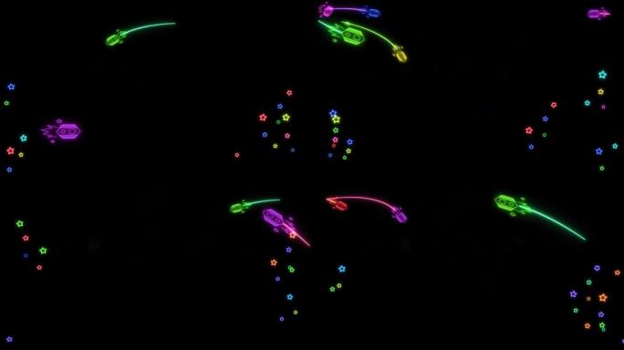 火箭彩虹百人发射器在角落和彩色辉光星星在黑屏上飞行标志元素