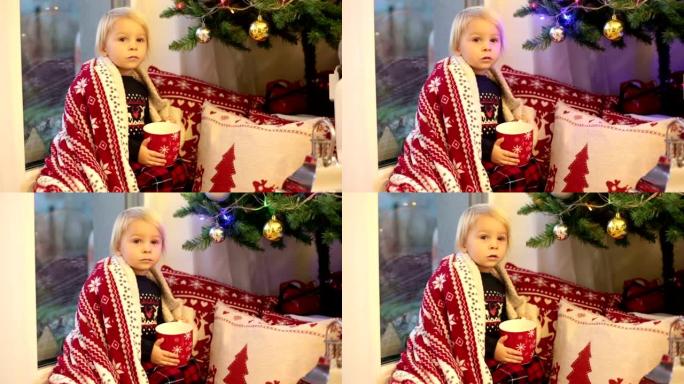 穿着圣诞睡衣的可爱蹒跚学步的男孩，坐在靠近圣诞树的窗户上，喝着牛奶，等着撒旦克劳斯