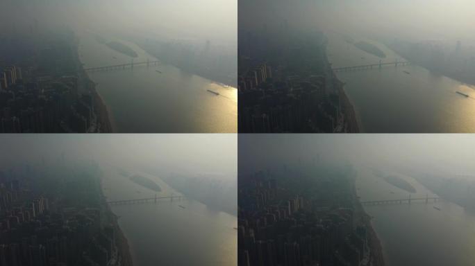 日落雾长沙市中心河空中全景4k中国
