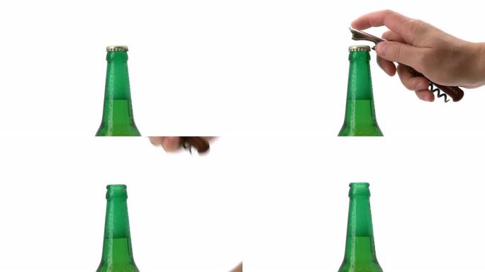 Mans hand在白色背景上打开绿色啤酒瓶