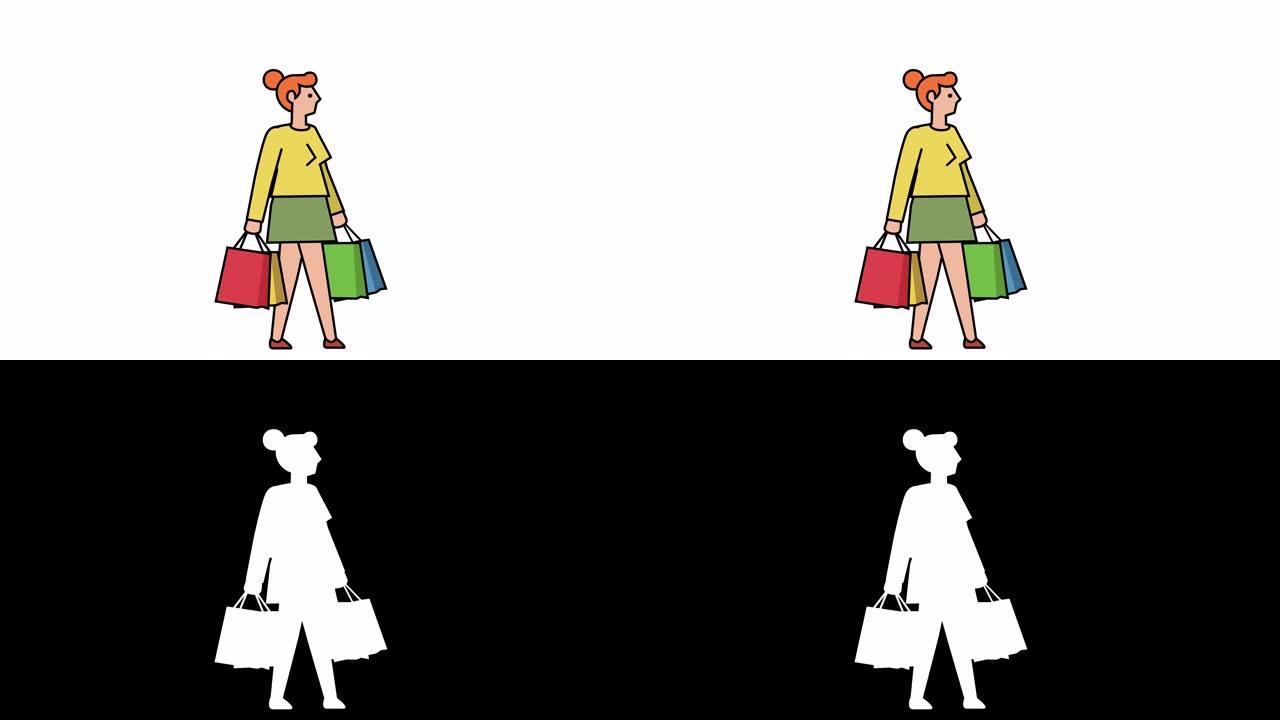 女人角色步行自行车与购物袋销售动画。线性风格平纹图案彩色象形图，带亮度哑光