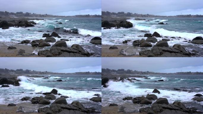 智利昆泰岩石海岸被海浪袭击-慢动作大浪