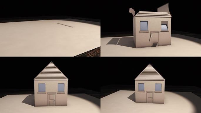 3D纸房子和家庭建筑本身在桌子上关闭，轻微转动