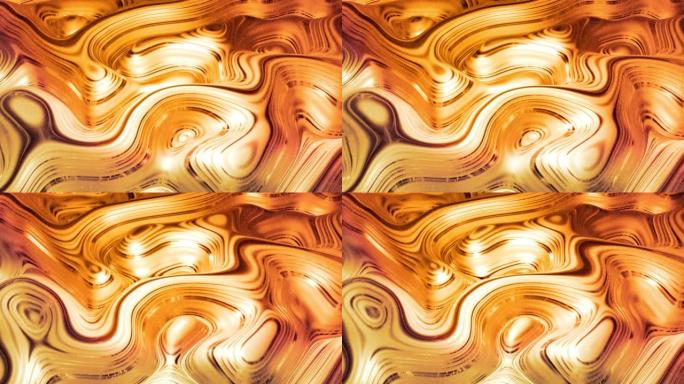 环形抽象背景，在闪亮的光泽表面上有波浪形闪闪发光的金色液体图案。粘稠的黄色流体，如金箔或明亮的玻璃表
