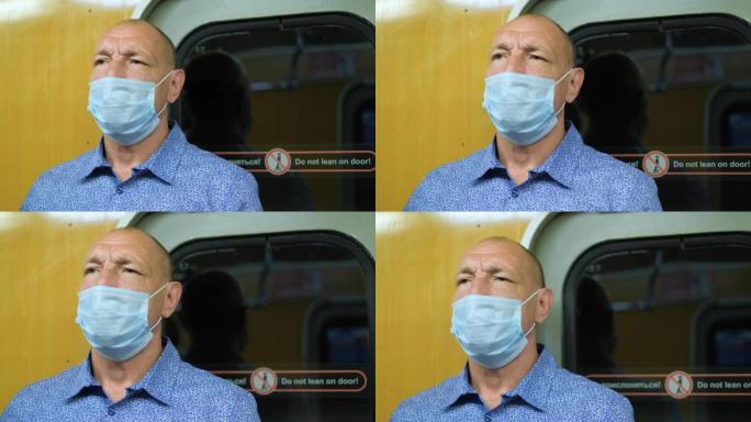 地铁里戴面具的老年电晕病毒男子，没有新型冠状病毒肺炎的老年管人