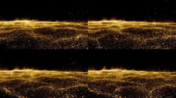 金色的天空。摘要星尘烟熏波粒子。具有3d颗粒的纳米动态流动。烟熏动态波浪形效果流4k