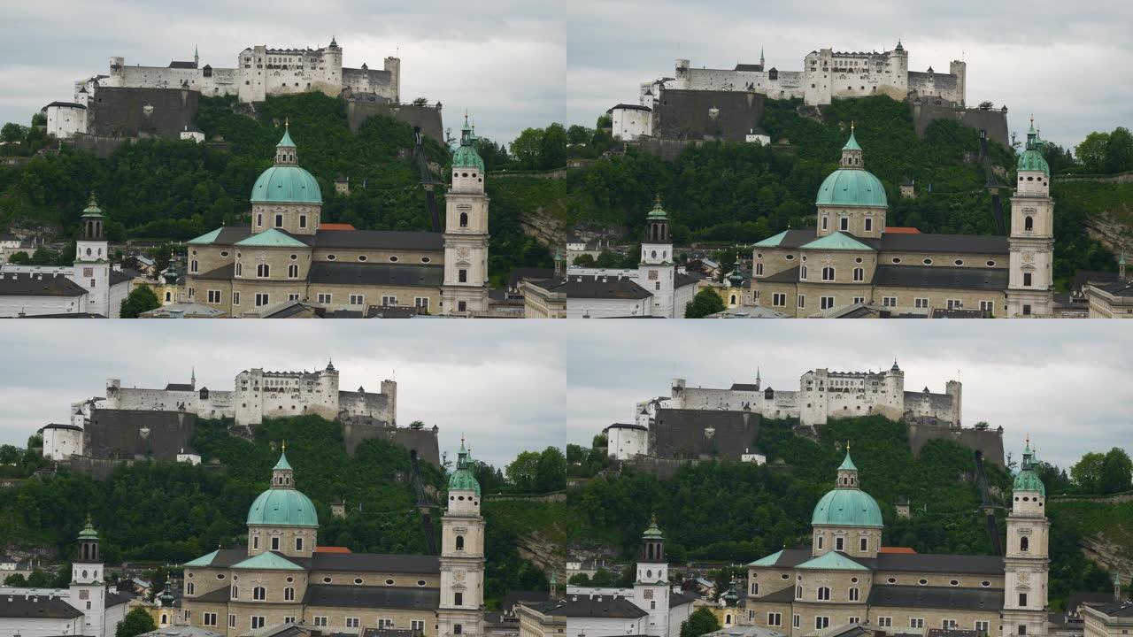 萨尔茨堡市中心区山地城堡视点全景4k奥地利