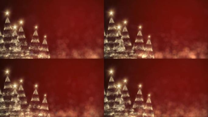 闪闪发光的金色圣诞树森林卡。红色背景上的圣诞快乐和新年快乐问候信息，雪花。优雅的动画节日社交帖子数字