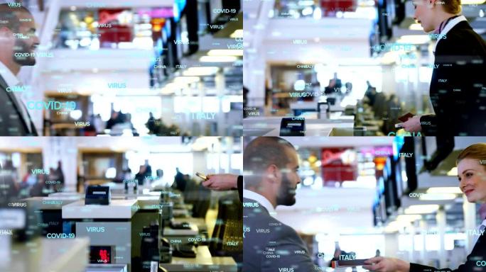 在机场护照检查期间，混合种族男子的浮动新型冠状病毒肺炎文字动画