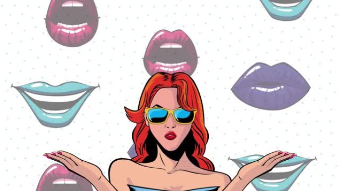 波普艺术风格动画，性感女人戴着墨镜和嘴巴