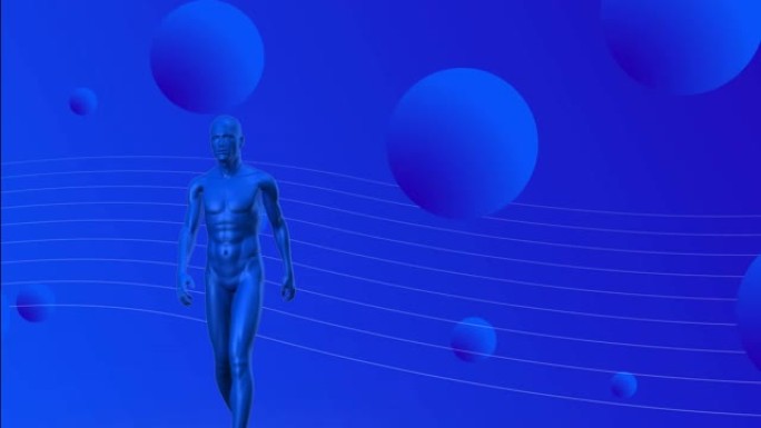 3d蓝色金属人体模型走过多个蓝色球
