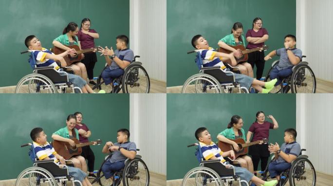 老师和残疾孩子在教室里弹吉他，非常高兴