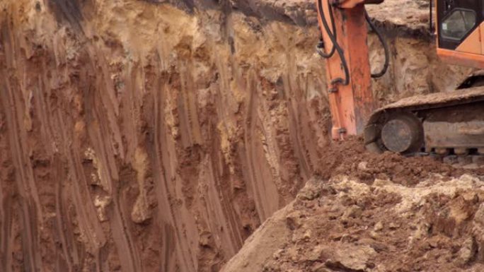 挖掘机在基坑中挖掘粘土以建立基础。挖掘机铁斗带地面，背景，行业