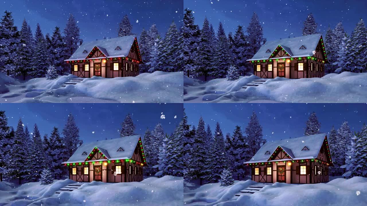 冬季降雪之夜为圣诞节装饰的乡村房屋