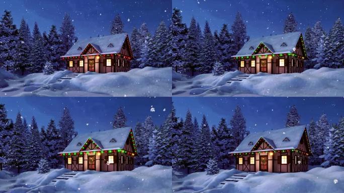 冬季降雪之夜为圣诞节装饰的乡村房屋