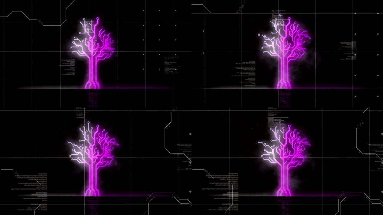 霓虹灯制成的树的动画，数据处理上的紫色线条