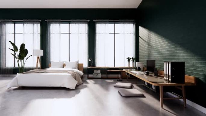 卧室内部阁楼风格与框架上的绿色墙砖。三维渲染