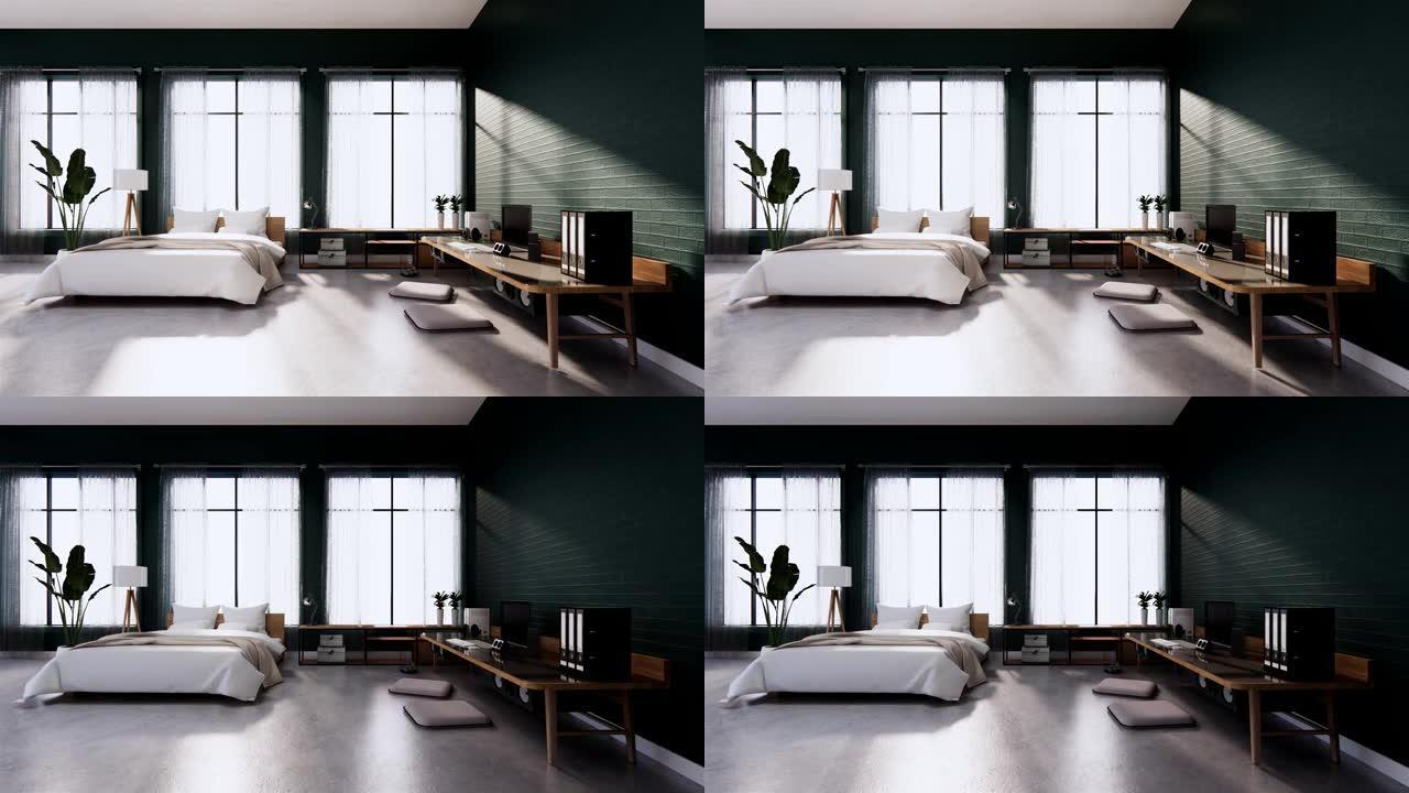 卧室内部阁楼风格与框架上的绿色墙砖。三维渲染