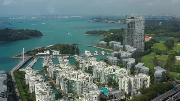 新加坡城市晴天公寓海湾综合游艇码头码头交通道路空中全景4k